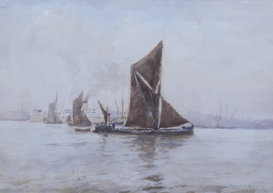 Arthur Burgess RI, ROI RSMA, Wapping Group of Artists (1879-1957), watercolour, Thames Barges, signed, 27 x 37cm. Condition - fair to good